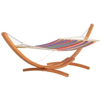 Outsunny Outdoor Hammock with Stand, Extra Large Heavy Duty Wooden Frame, No Tree Needed, 12.8' Indoor Outside Boho Style Nap Bed, Natural Cotton, Rainbow(m-11)