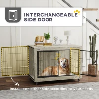 PawHut 39" Dog Crate Furniture End Side Table with Wheels, Interchangeable Side Door, for Large Dogs, Gray(m-5)