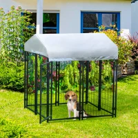 PawHut Outdoor Dog Kennel with Roof, 4' x 4' x 4.5' Heavy Duty Welded Wire Dog Playpen Enclosure with Escape-proof Lock, UV-Resistant & Waterproof Cover, for Medium Dogs, Chickens, Ducks, Silver(m-2)