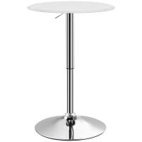 HOMCOM Modern Round Bar Table Adjustment Height Home Pub Bistro Desk Faux Leather Covered Wooden Top Chrome Base White(m-2)