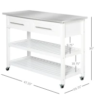 HOMCOM Kitchen Island with Stainless Steel Top, Traditional Kitchen Island with Storage, Butcher Block Cart 2-Tier Open Shelves, Drawers, White(m-3)