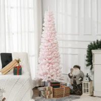 HOMCOM 6ft Flocked Christmas Tree, Pencil Christmas Tree with Realistic Branch Tips, Folding Metal Stand, Pink(m-1)