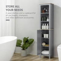 kleankin Bathroom Floor Storage Cabinet with 3 Tier Shelf and Cupboard with Door, Free Standing Linen Tower, Tall Slim Side Organizer Shelves, Grey(m-4)