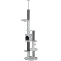 PawHut 89"-100" Floor to Ceiling Cat Tree w/ Hammock, Scratching Posts, Condo, Perches, Toy Ball, Anti-tip Kit, Grey(m-2)