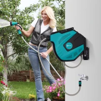 Outsunny Retractable Garden Hose Reel 1/2" x 49 ft Wall Mounted with Automatic Rewind, 180° Swivel Bracket, Any Length Lock, 7 Pattern Hose Nozzle(m-1)