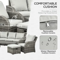 Outsunny 6 Pieces Patio Furniture Set, Conversation Set Wicker Sectional Set Cushioned Outdoor Rattan 3-Seat Sofa, 2 Adjustable Recliners, 2 Footstools & Table Set for Lawn Garden Backyard, Light Grey(m-6)