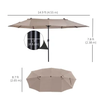 Outsunny 15'x 8.7' Outdoor Patio Umbrella with Twin Canopy Backyard Umbrella with Lift Crank Tan(m-3)
