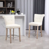 HOMCOM Bar Stools Set of 2, Upholstered Counter Height Stools with Button Tufted Back, Wood Legs and Footrest, Cream White(m-8)