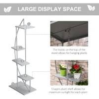 Outsunny 5 Tier Metal Plant Stand, Flower Pot Display Shelf with Hangers, Tall Plant Stand Indoor, Half Moon Shape, for Living Room Patio Garden Balcony Decor, Gray(m-5)