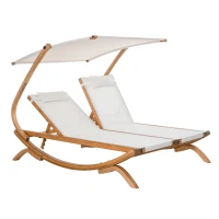 Outsunny Wooden Outdoor Double Chaise Lounge, Patio Loveseat Tanning Chair with Adjustable Canopy Shade, 3-Level Backrest, Removable Pillows for 2 People for Poolside, Beige(m-2)