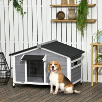 PawHut Wooden Cabin Style Outdoor Dog House with Openable Roof, Removable Bottom, Windows, Curtain, Foot Covers, Gray(m-2)