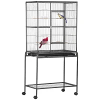 PawHut 30'' Large Rolling Metal Bird Cage Bird House with Detachable Rolling Stand, Storage Shelf, Wood Perch Food Container - Black(m-2)