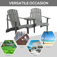 Outsunny Double Wooden Adirondack Chair Muskoka Chair with Middle Table, Outdoor Patio Porch Tete-A-Tete Bench Two Seater w/ Umbrella Hole, Grey(m-7)