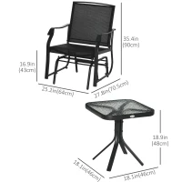 Outsunny 3 Piece Patio Glider Set Outdoor Gliders with Breathable Mesh Seat, Glass Top Table for Garden, Yard, Black(m-3)