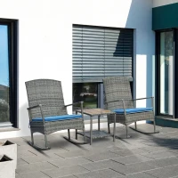 Outsunny 3 Piece Patio Rocking Chair Set, 2 PE Wicker Rocking Chairs, Cushioned, 1 Two-Tier Wood Slat Coffee Table, Rattan Front Porch Furniture, Blue(m-10)
