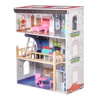 Qaba 13 PCS Kids 3-Story Dollhouse, Dreamhouse Villa, for Toddler, Little Girls, Multi-level House, with Elevator, Furniture Accessories Kit, for 3-6 Years Old, Pink(m-11)