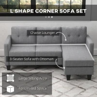 HOMCOM L-shaped Sofa, 3 Seater Couch with Ottoman, Corner Sofa with Thick Padded Cushion and Wood Legs, Light Grey(m-5)