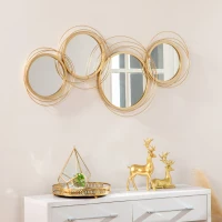 HOMCOM Metal Wall Art Gold Frame Circle Bathroom Mirror Decor Home Hanging Wall Sculptures for Living Room Bedroom Dining Room, 42.25" W x 22" H, Gold(m-1)