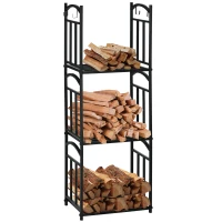 Outsunny 3-Tier Firewood Rack Heavy Duty Wood Storage Log Stacking Shelf with Hanging Hooks, Outdoor Indoor Use, Black(m-11)