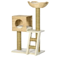 PawHut Cattail Weave Cat Tree for Indoor Cats Kitty Tower with Rattan Cat Condo, Wicker Bed, Ladder, Washable Cushions, 22.5" x 14.5" x 39.5", Natural(m-10)