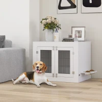 PawHut Dog Crate Furniture with 360° Rotatable Removable Dog Bowls, Dog Kennel Furniture for Medium Dogs, White(m-10)