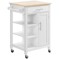 HOMCOM Kitchen Island Cart, Rolling Kitchen Island with Storage Shelf, Solid Wood Top, Drawer, for Dining Room, White(m-1)