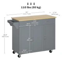 HOMCOM Kitchen Cart with Storage, Rolling Kitchen Island on Wheels with Bamboo Countertop, Drawers, Cabinets, 3 Doors, Grey(m-3)