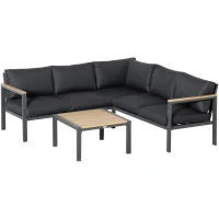 Outsunny 4 Piece Patio Furniture Set, Outdoor L-Shaped Sectional Sofa with 2 Loveseats, 1 Couch Corner, Outside Conversation Set with Dining Table, Cushions, Gray(m-11)