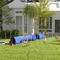 PawHut 7pc Agility Training Equipment for Dogs w/ Tunnels, Weave Poles Adjustable Hurdle, Jumping Ring, Pause Box, Blue(m-9)