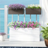 Outsunny 2 Pack 20 Inch Railing Flower Pots, Hanging Flower Pots with Hooks, Drainage Holes for Fence, Rattan Look, Brown(m-2)