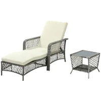 Outsunny 2 Pieces Wicker Patio Lounge Set w/ Cushions, Outdoor PE Rattan Sun Lounger Sets w/ 5-Level Reclining Chaise Chair & Two-tier Glass Top Coffee Table, Cream White(m-11)