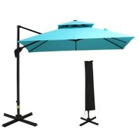 Outsunny 10ft Offset Patio Umbrella with Base, Double Top Hanging Aluminum Cantilever Umbrella with 360-degree Rotation, Easy Tilt, 8 Ribs, Crank, Cross Base, Cover, Strap, Light Blue(m-11)