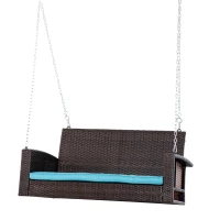 Outsunny 2 Person Wicker Hanging Swing Bench, Front Porch Swing Outdoor Chair with Cushions 550 lbs. Weight Capacity for Backyard, Garden, Sky Blue(m-11)