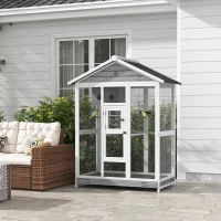 PawHut 64.5" Wooden Bird Cage Aviary, Flight Cage with 4 Perches, Nest and Slide-Out Tray for Indoor/Outdoor, Gray(m-2)