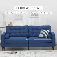 HOMCOM Mid-Century Sofa, Couch with Button-Tufted Back Cushion, Velvet Feel Fabric Upholstery, 2 Cylindrical Pillows and Rubber Wood Legs for Living Room, Dark Blue(m-4)