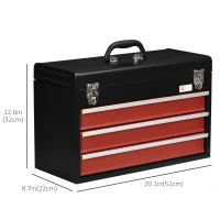 DURHAND 20" Portable Metal Tool Box with Metal Latch Closure, 3 Drawer Lockable Tool Chest with Ball-bearing Slider for Garage, Household and Warehouse, Red(m-3)
