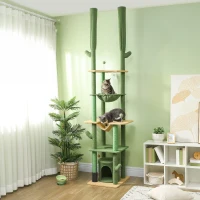 PawHut 89"-100" Floor to Ceiling Cat Tree, Cat Climbing Tower with Grooming Brush Post, Cat Condo, Hammock, Green(m-2)