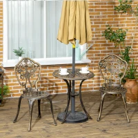 Outsunny Outdoor 3 Piece Garden Bistro Set, 2 Chairs and A Round Table with Parasol Hole for Balcony, Patio, Bronze(m-8)