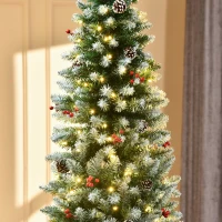 HOMCOM 7.5ft Pre-Lit Snow-Dipped Artificial Christmas Tree with Realistic Branches, 350 LED Lights, Pine Cones, Red Berries and 1075 Tips(m-9)