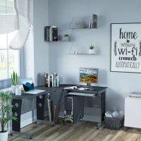 HOMCOM L-Shaped Corner Computer Desk Gaming Table Home Office Workstation Glass Top P2 MDF with Keyboard Tray - Black(m-10)