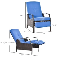 Outsunny Outdoor Recliner Chair, Reclining Patio Lounge Chair with Comfy Cushions, Footrest, Armrests, PE Wicker for Balcony, Porch, Blue(m-3)