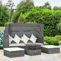 Outsunny 4 Piece Adjustable Canopy Outdoor Rattan Sofa Set w/ Height Adjustable Coffee Table & Cushions, Cream White(m-10)