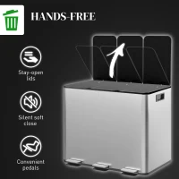 HOMCOM Triple Garbage Bin, Soft-Close Trash Can with Foot Pedal, 3 x 20 Liter Garbage Can with Removable Inner Buckets, Silver(m-6)