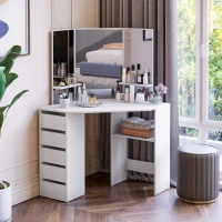 HOMCOM Corner Dressing Table, Makeup Desk with 3-piece Mirror and 5 Drawers, White(m-8)