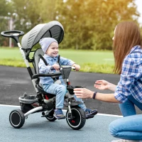 Aosom 6-in-1 Toddler Tricycle for 12-50 Months, Foldable Kids Trike with Adjustable Seat and Push Handle, Safety Harness, Removable Canopy, Footrest, Grey(m-1)