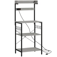 HOMCOM Kitchen Baker's Rack with Power Outlet, Coffee Bar Station with Adjustable Shelves and Hooks, Distressed Grey(m-2)