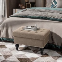 HOMCOM Ottoman with Storage for Living Room, 25" Storage Ottoman with Removable Lid, Button-Tufted Fabric Bench for Footrest and Seat with Wood Legs, Brown(m-10)