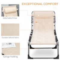 Outsunny Outdoor Lounge Chair, Folding Chaise Lounge, Patio Padded Tanning Chair with 5-position Adjustable Backrest, Pillow and Pocket for Deck, Beach, Lawn and Sunbathing, Beige(m-5)