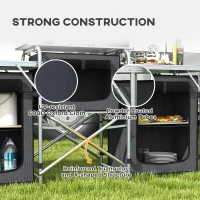 Outsunny Aluminum Camping Kitchen, Portable Folding Camping Table with Fabric Cupboards, Windshield, Bag for BBQ, Picnic, Black(m-7)