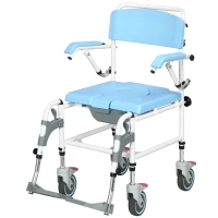 HOMCOM Accessibility Commode Wheelchair, Rolling Shower Wheelchair with 4 Castor Wheels, Rectangle Detachable Bucket, & Waterproof Design, 17" Seat Width, Blue(m-11)